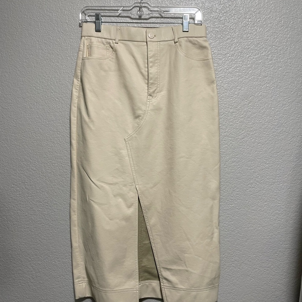 Zara Faux Leather Beige Midi Skirt with Front Slit